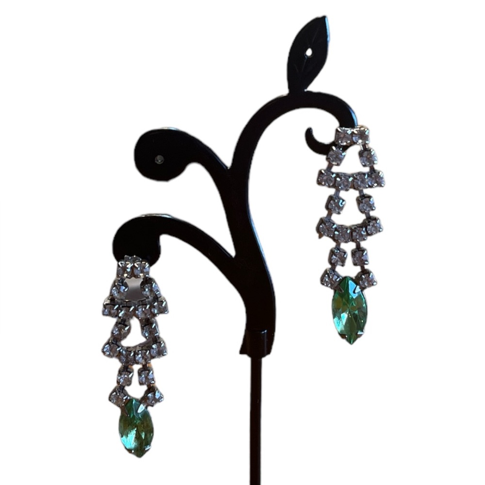 Clear and Green Rhinestone Dangle Earrings